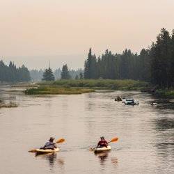 people kayaking down river