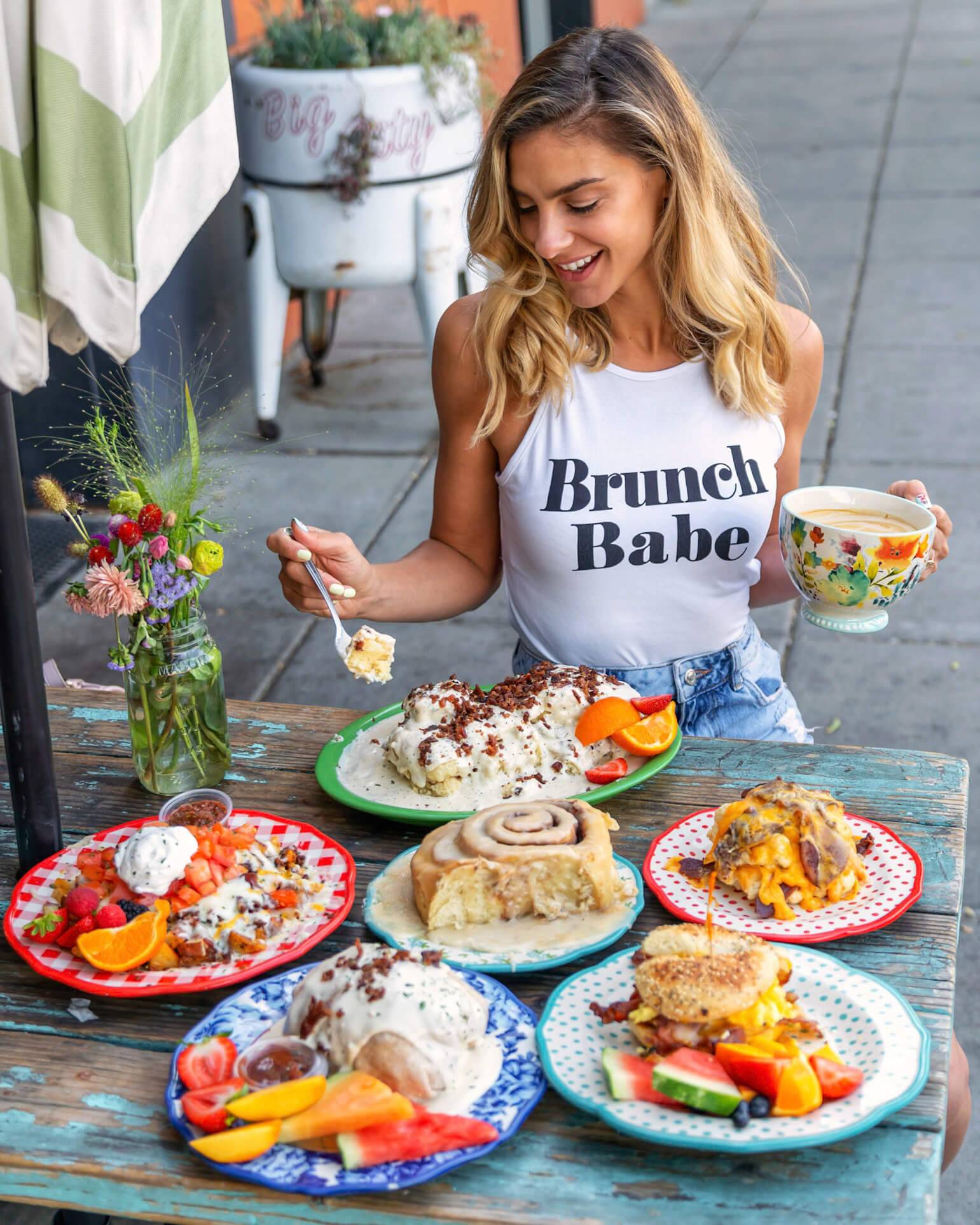 woman eating breakfast foods