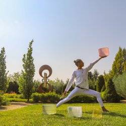 A person doing a yoga pose surrounded by trees and bushes at the Sawtooth Botanical Gardens.