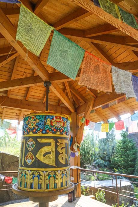 prayer wheel at sawtooth botanical garden