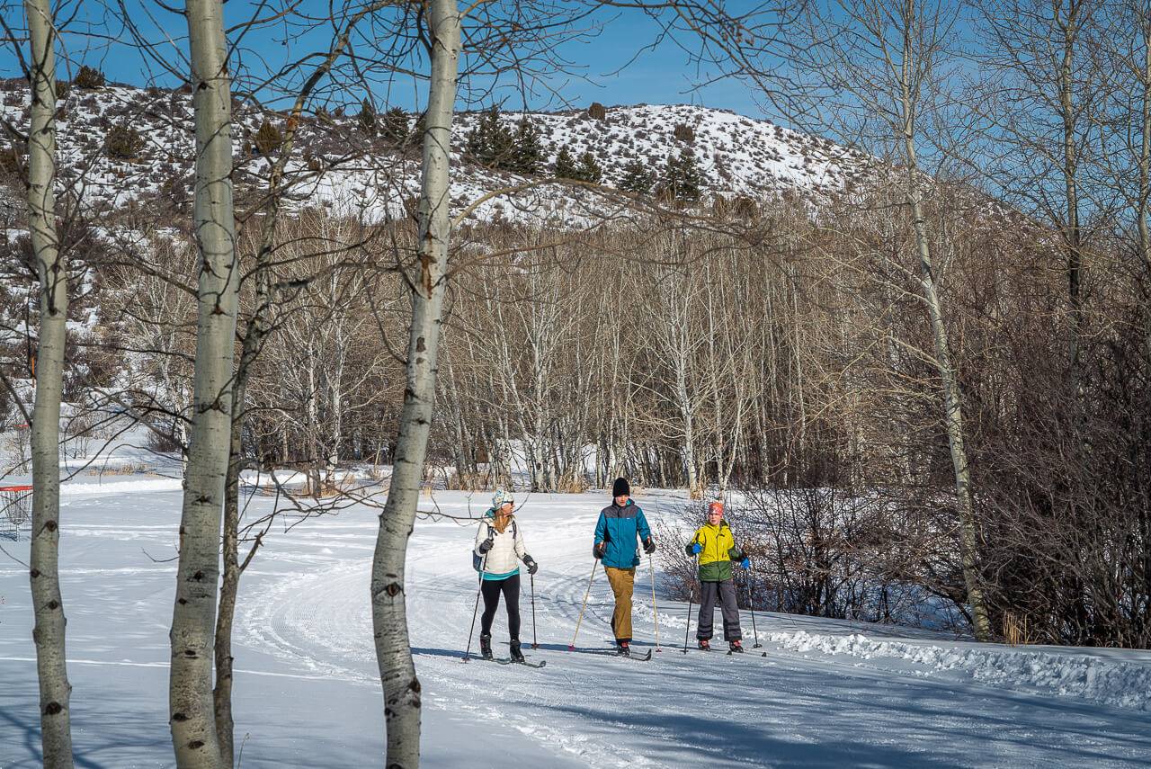 Three people cross country skiing across a snow-covered landscape surrounded by trees at East Fork Mink Creek Nordic Center.