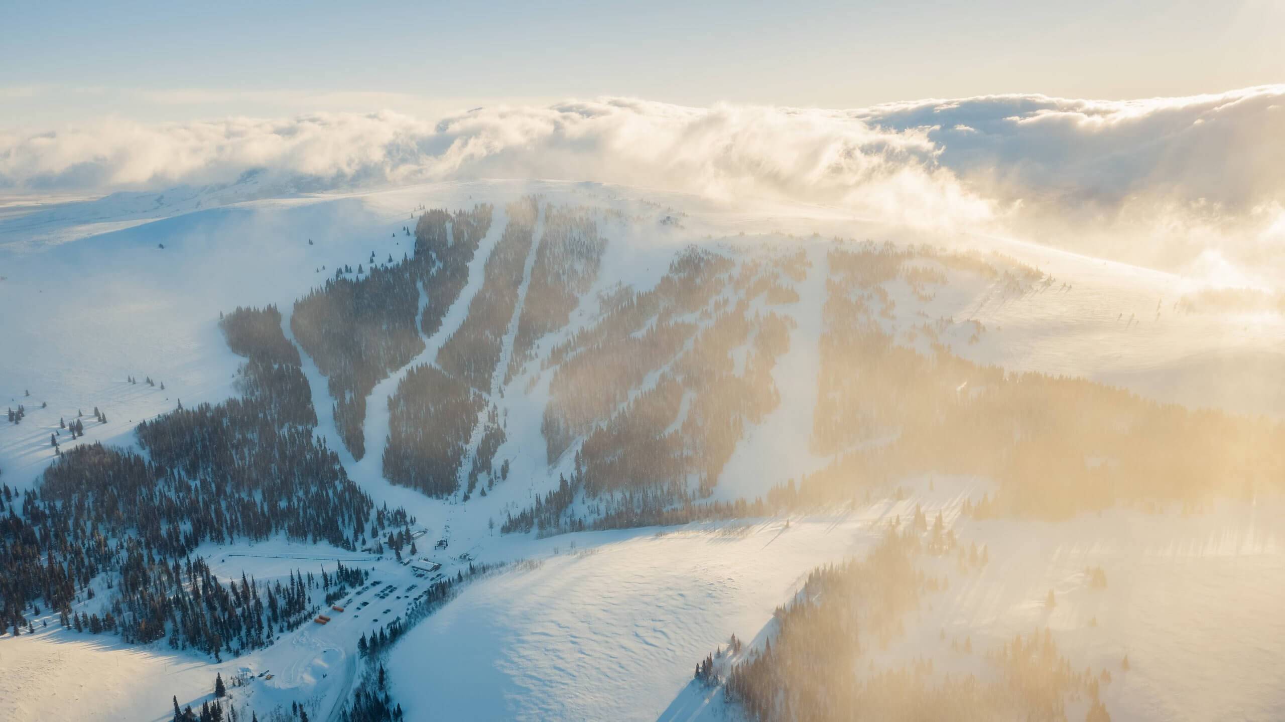 aerial view of snowy Pomerelle Mountain Resort