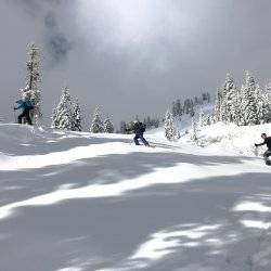 three people in the snow with skis