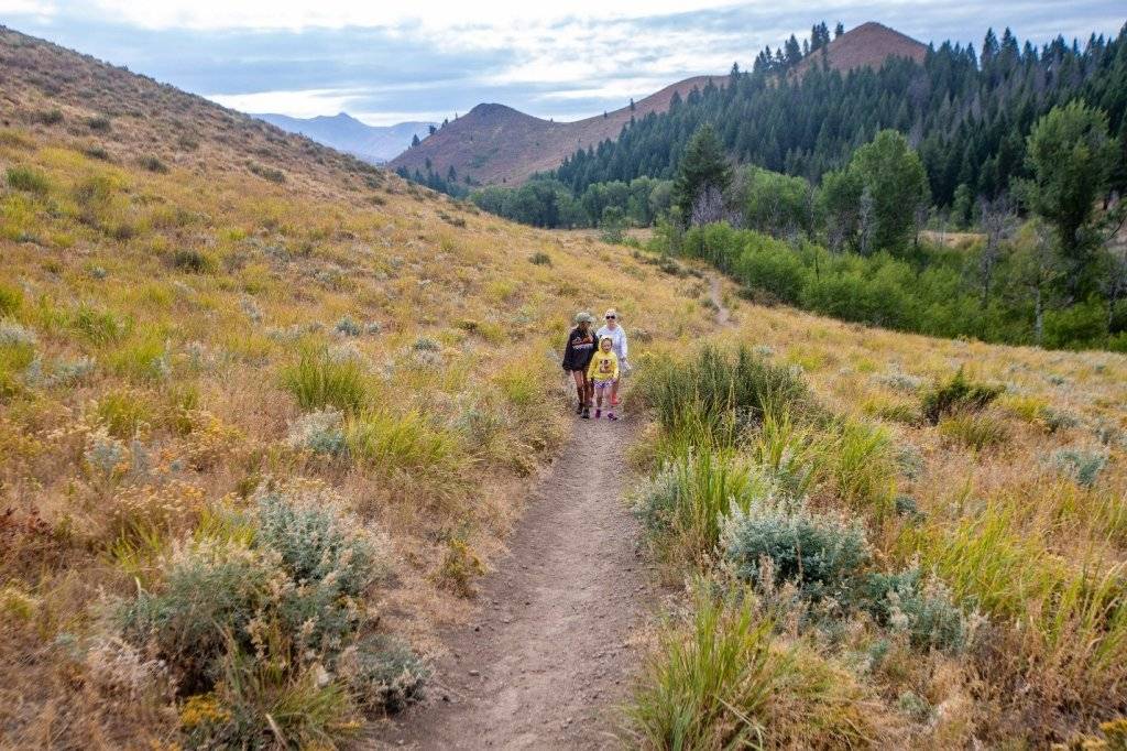 mom and kids walking on mountain trail