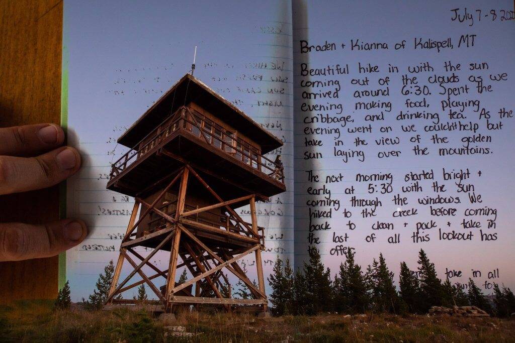 photo of fire lookout and log book page