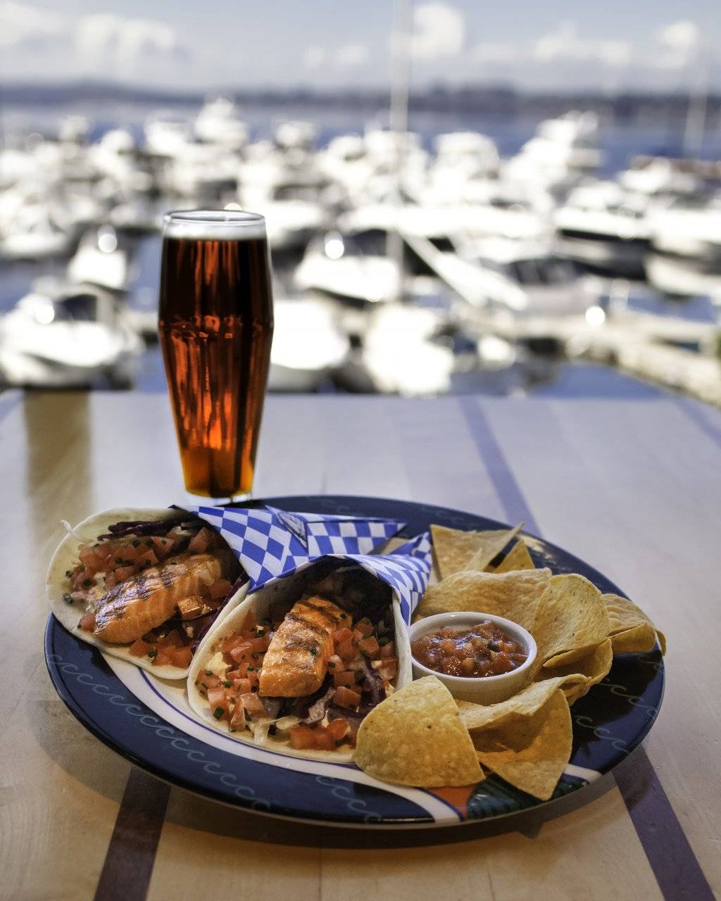 salmon tacos with pint of beer