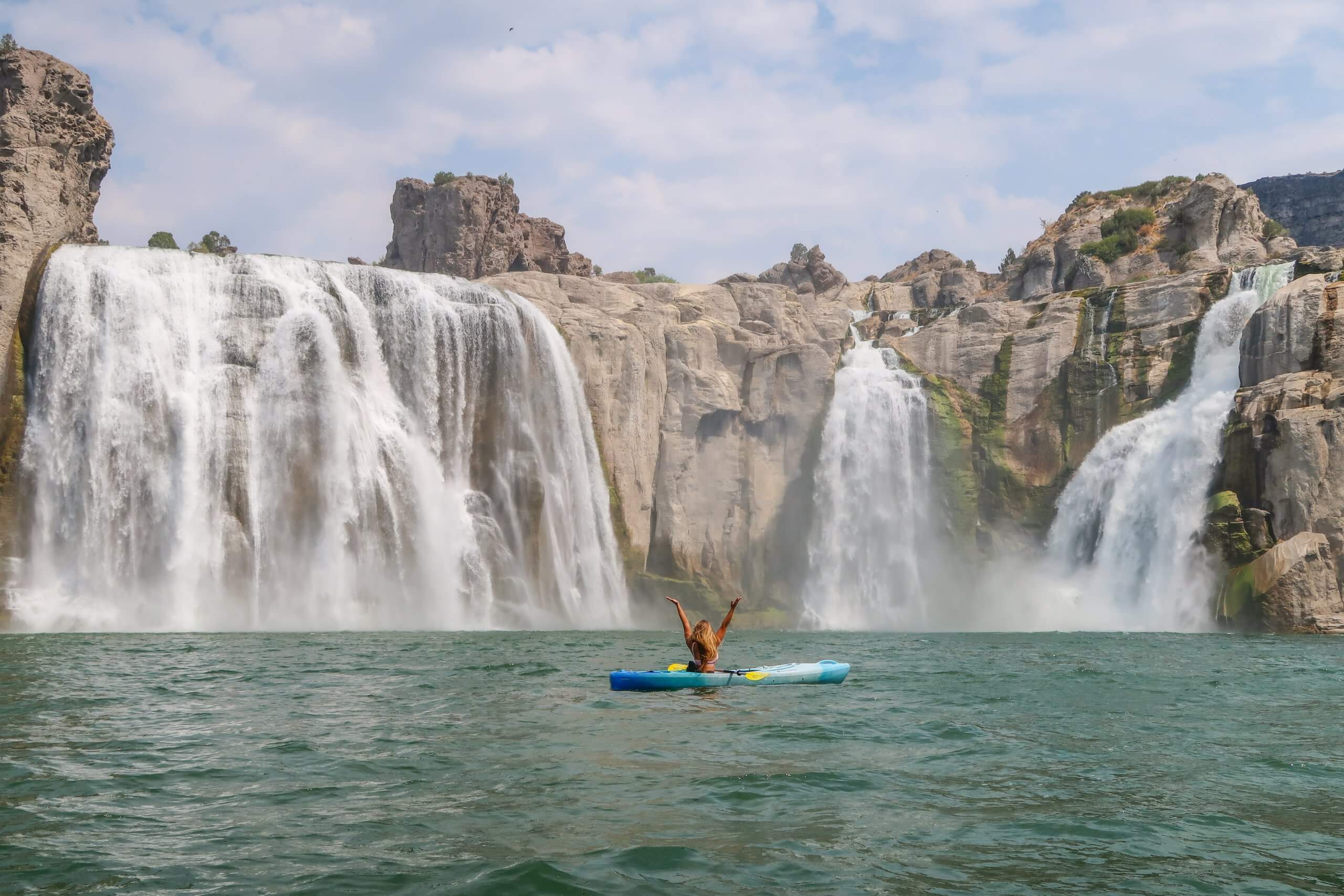 woman in kayak at base of shoshone falls