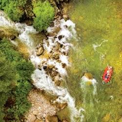 a birds-eye view of people paddling an orange raft on whitewater river lined with trees