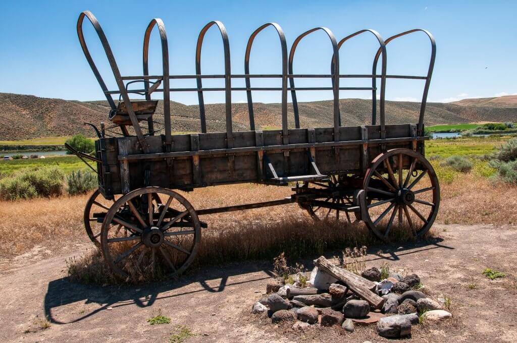 remnants of covered wagon at three island crossing state park