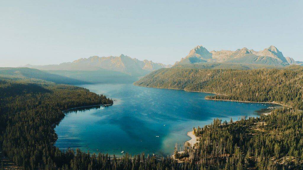 Pine trees surround Redfish Lake in Idaho.