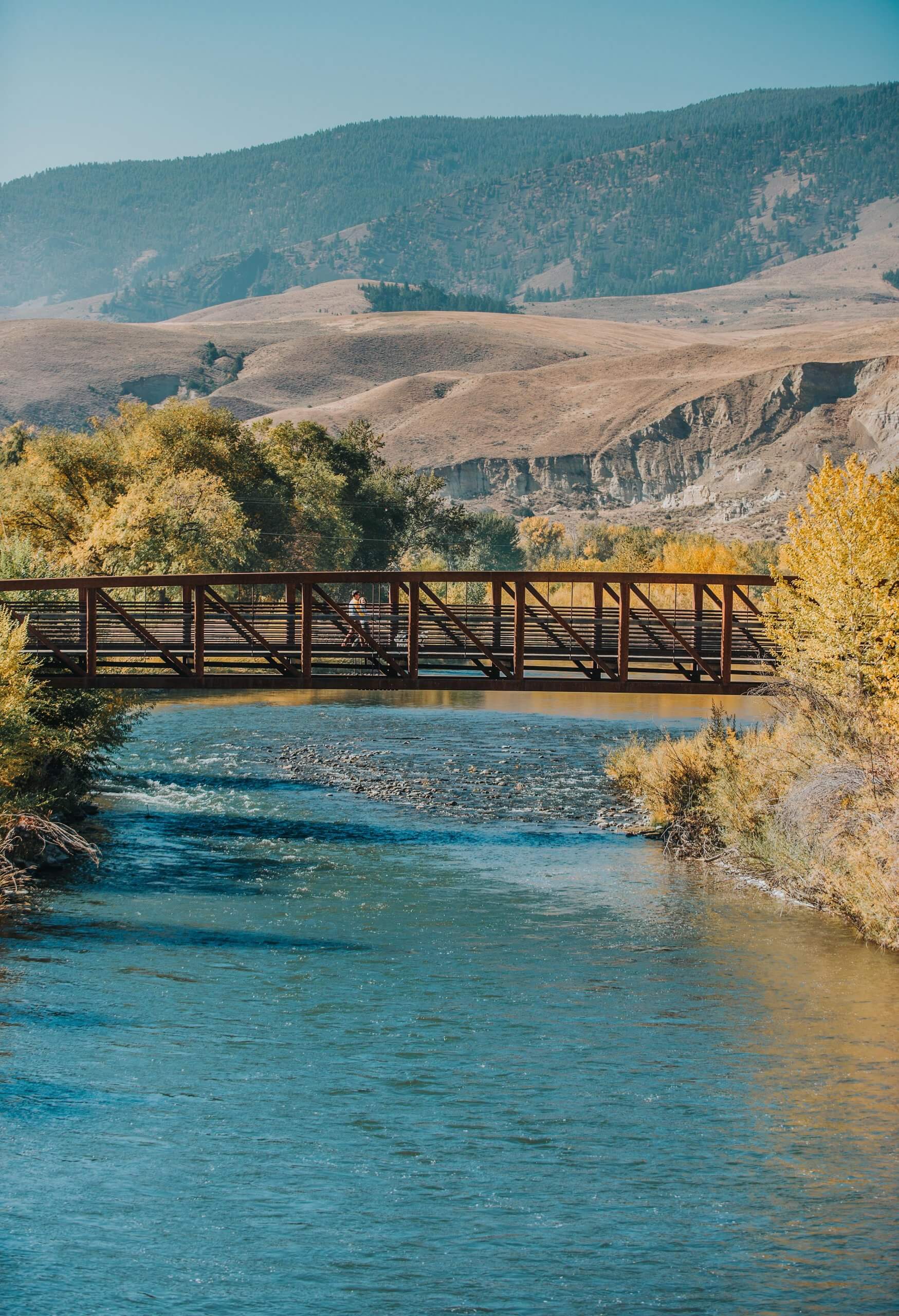 a bridge crossing over a river with trees and mountains in the background