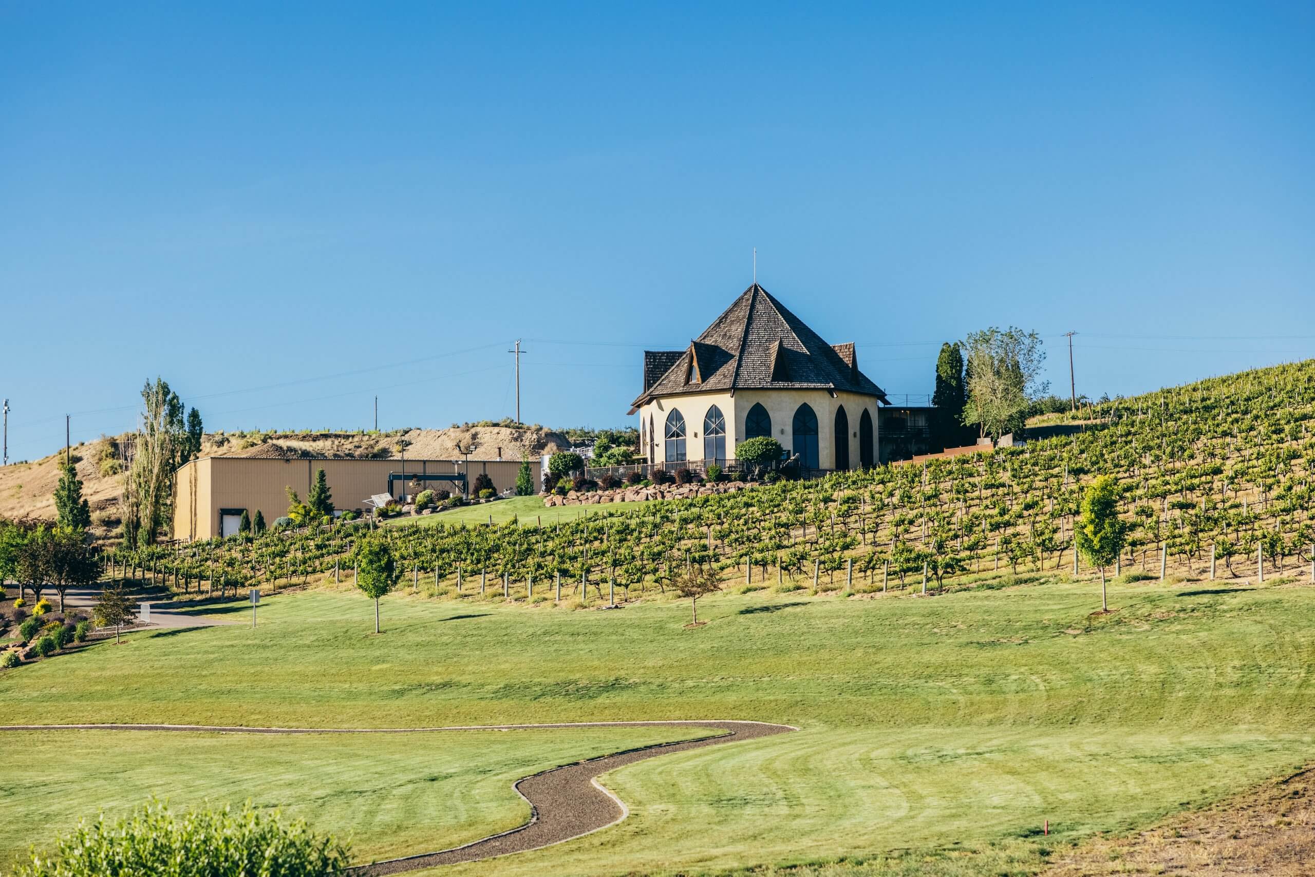 Several buildings sit on a lush, green winery property.