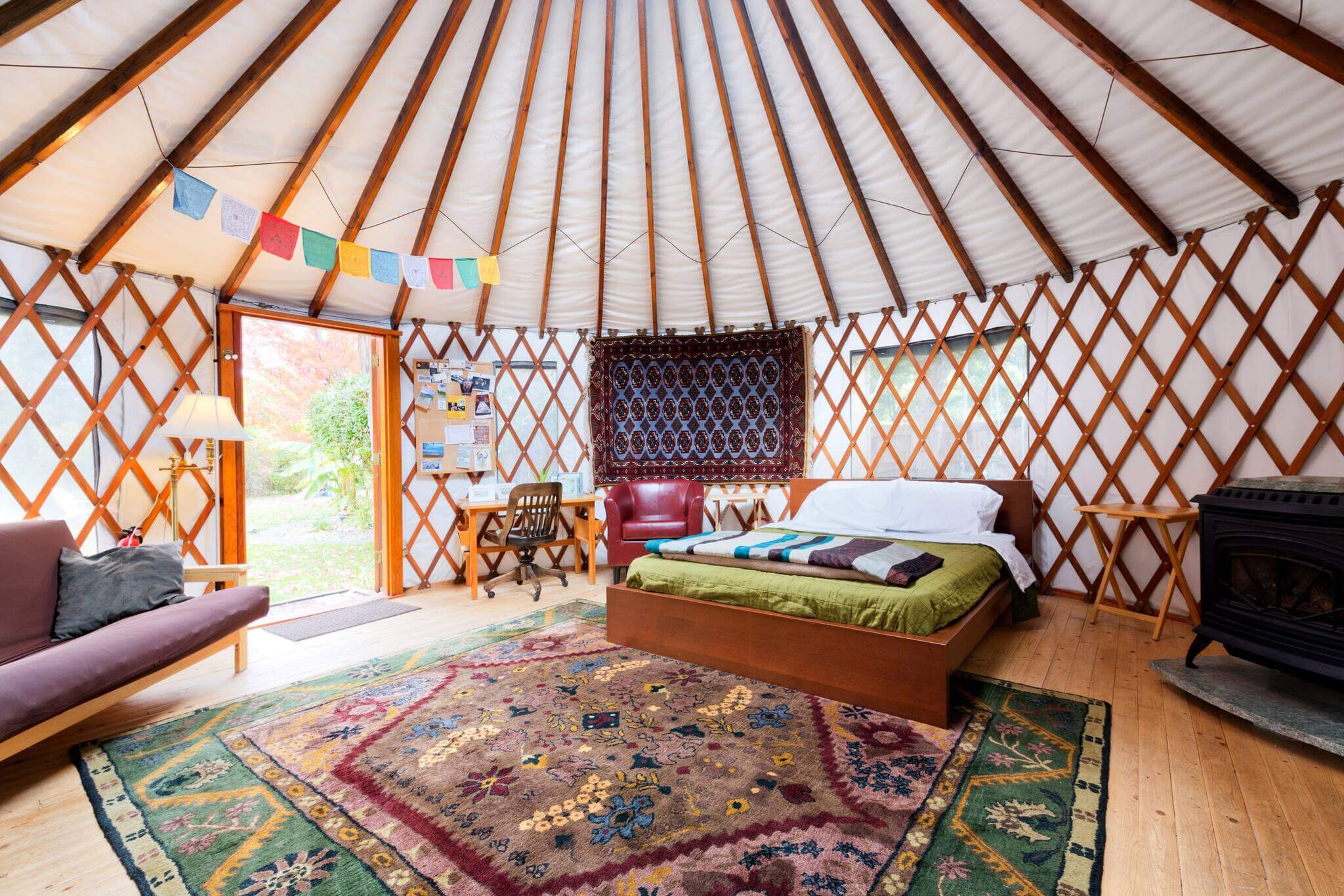 A view of the colorful, boho-chic interior of the 36th Street Urban Yurt.