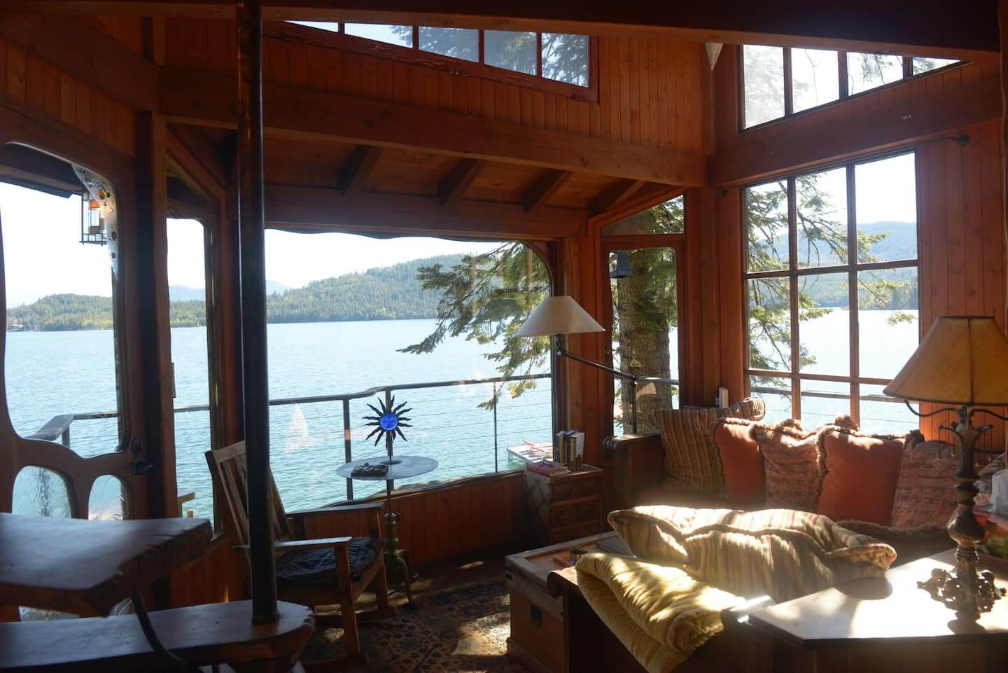 The bright view looking over Lake Pend Oreille from inside a three-story treehouse.