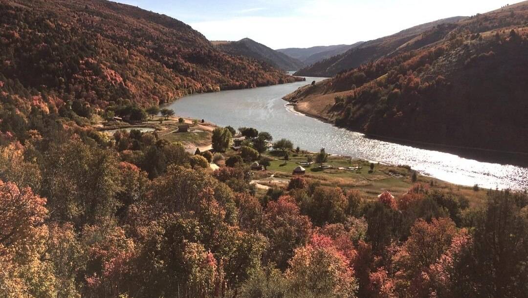 aerial view of hot springs center on banks of river
