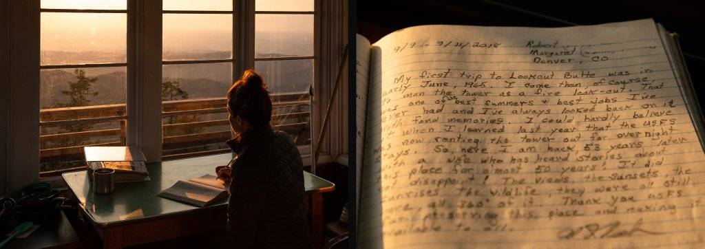 woman looking at fire lookout log book