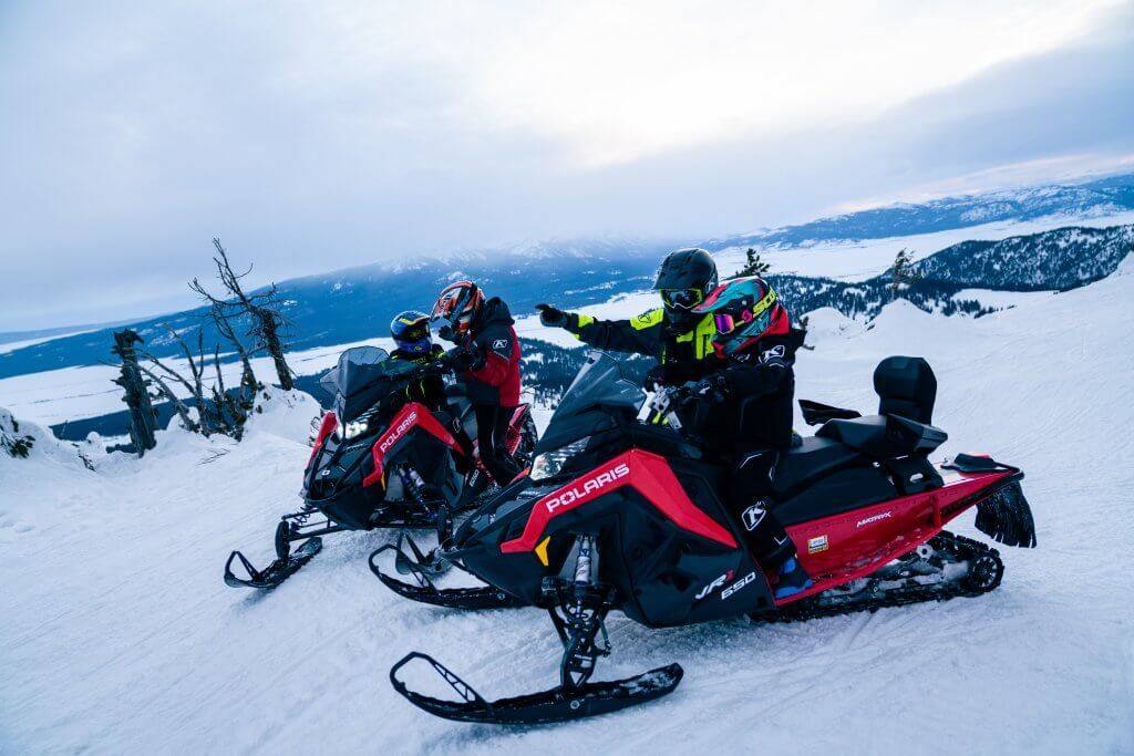 two adults with two kids on snowmobiles looking at mountains in distance