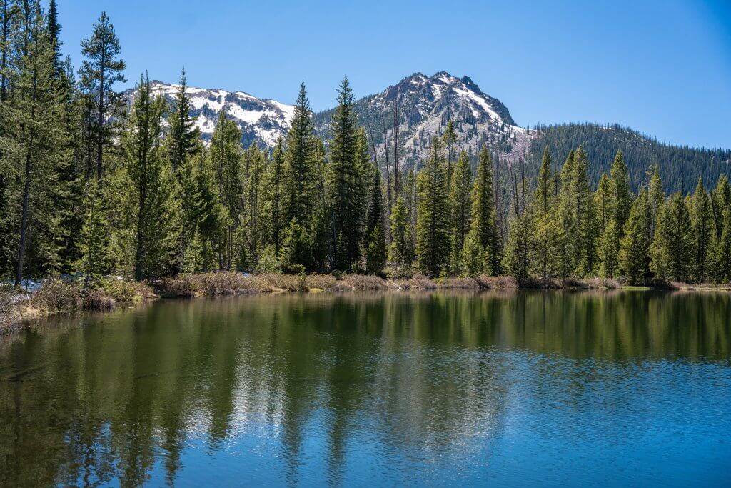 alpine lake surrounded by pine trees with towering mountains in background