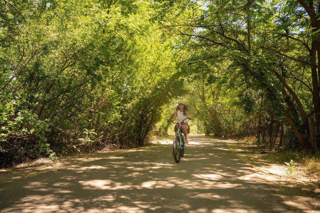 woman riding bike on tree-lined paved path