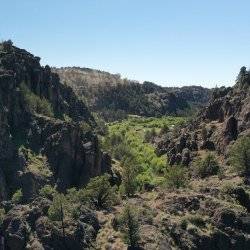 A rugged mountain landscape covered with trees.