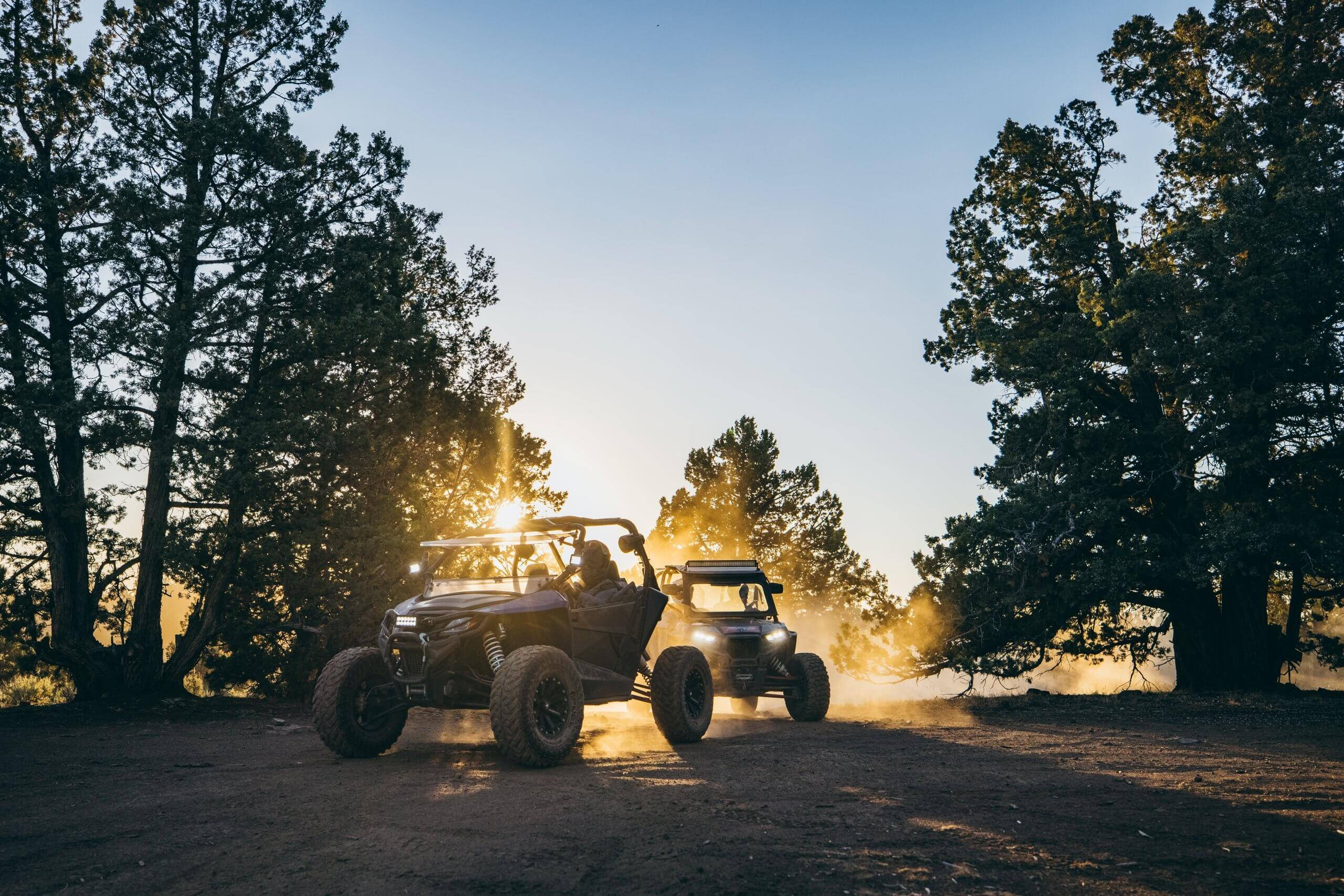 two UTVs parked on a dirt road surrounded by trees