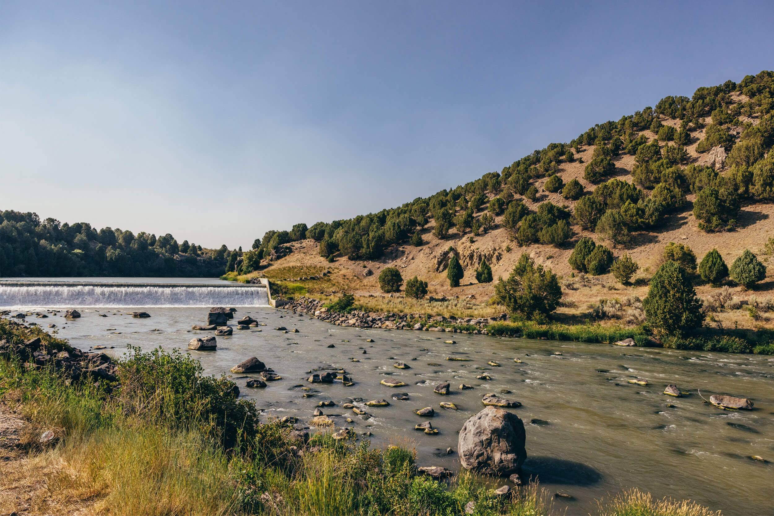 a river filled with rocks, with a hill covered in bushes on the right side