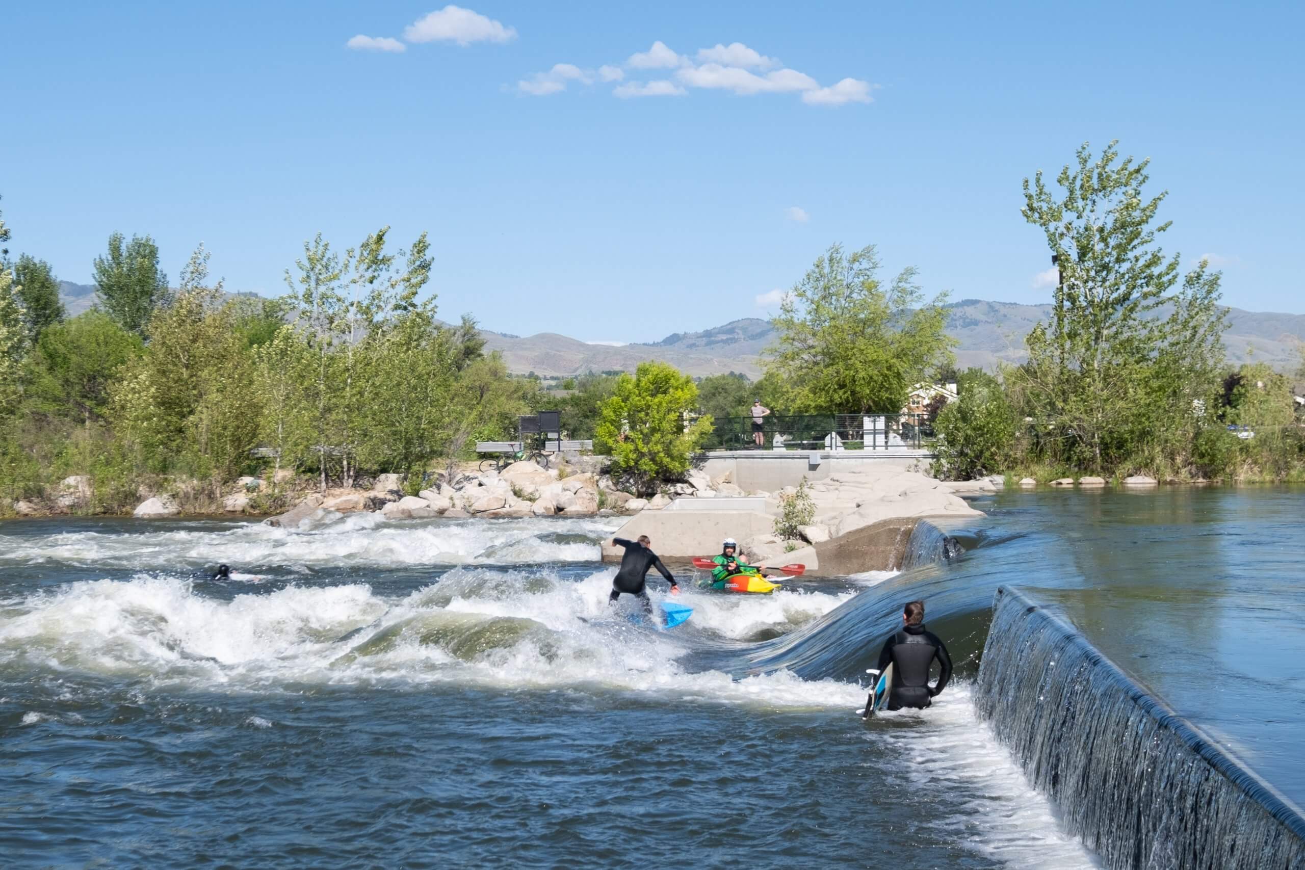 Surfboarders riding a wave and trees in the background at Boise Whitewater Park.