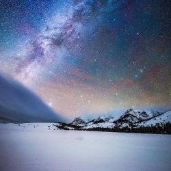 The Milky Way and stars over the snow covered Boulder Mountains in Central Idaho.