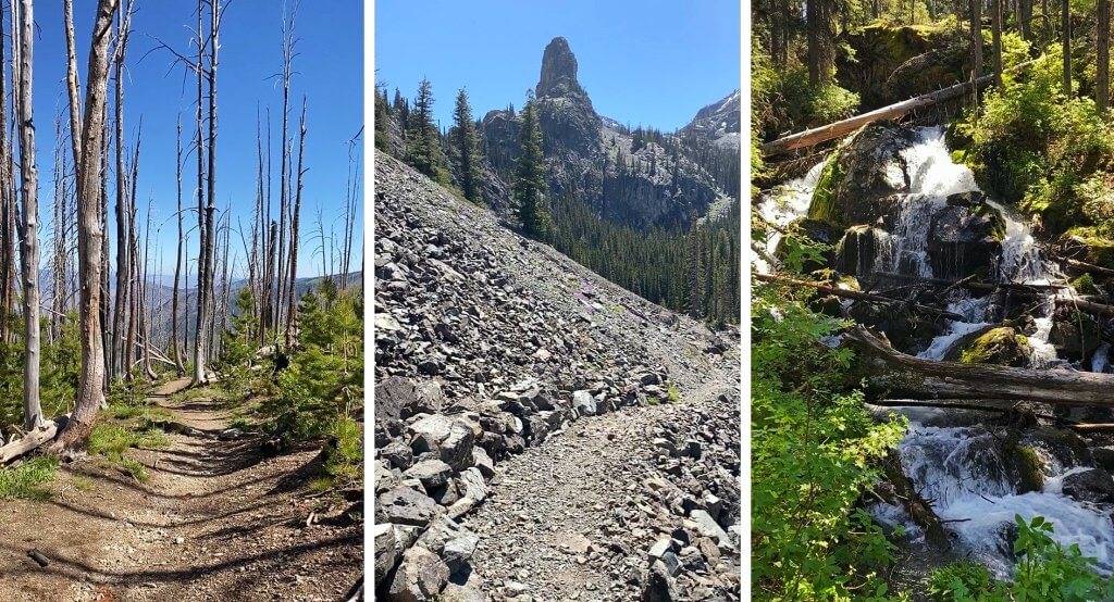 three photos side by side showing a mountain trail and trees, rocky trail with larger boulders, and a mountain waterfall with boulders and greenery