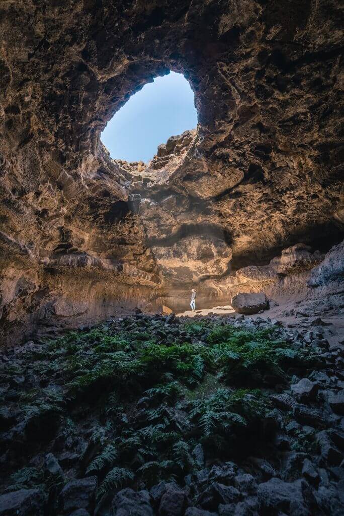 person stands in ray of sunshine coming from small circular opening in top of rocky cave with small green ferns on the ground