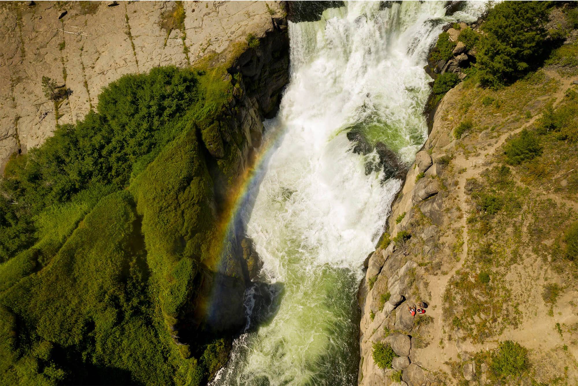 An aerial view of Lower Mesa Falls.