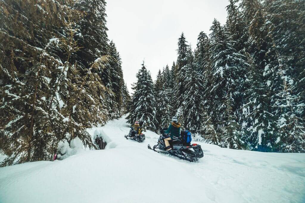 Two snowmobilers on a winter trail surrounded by snow-covered trees.