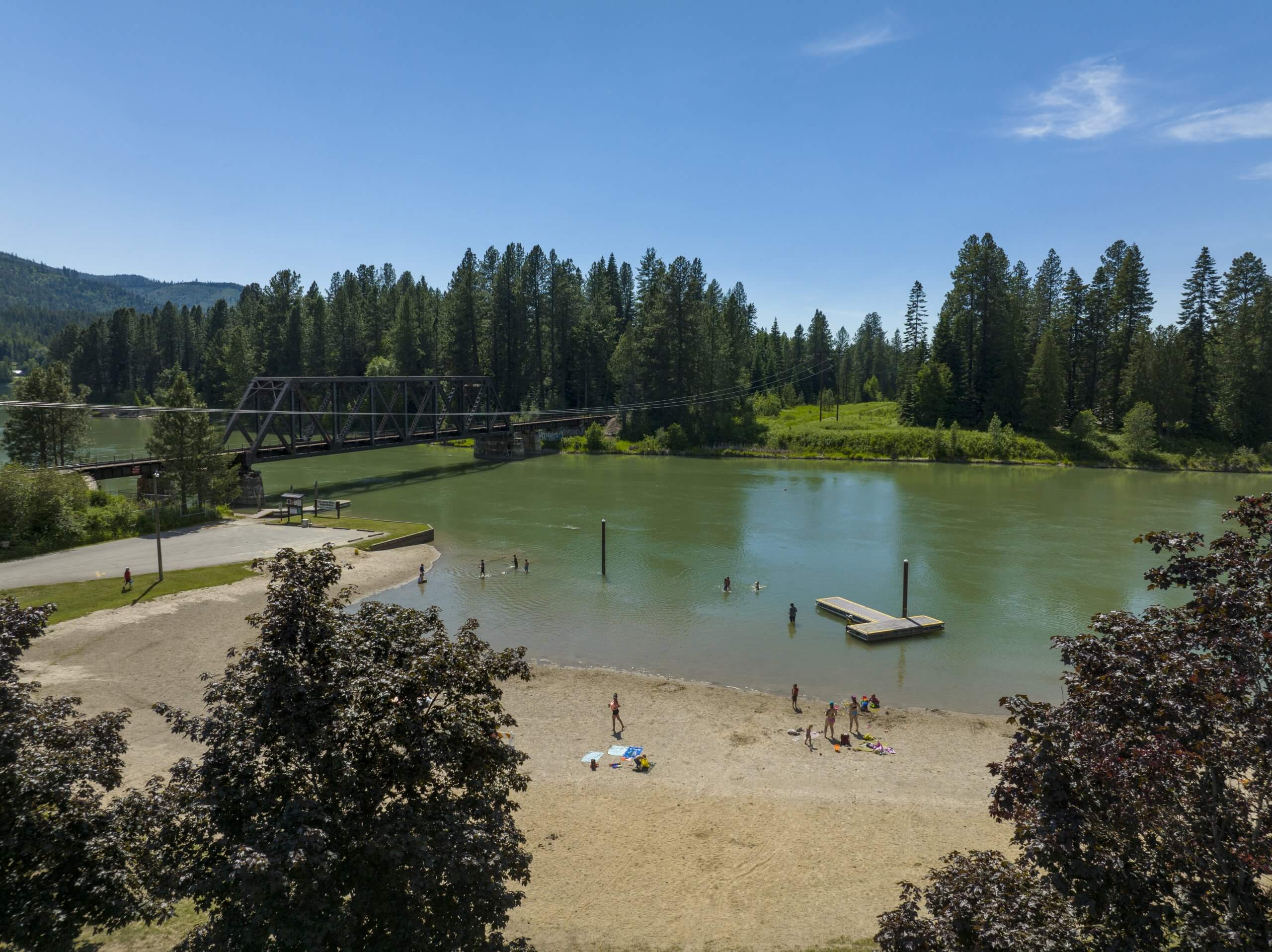 aerial view of people swimming in Priest River.