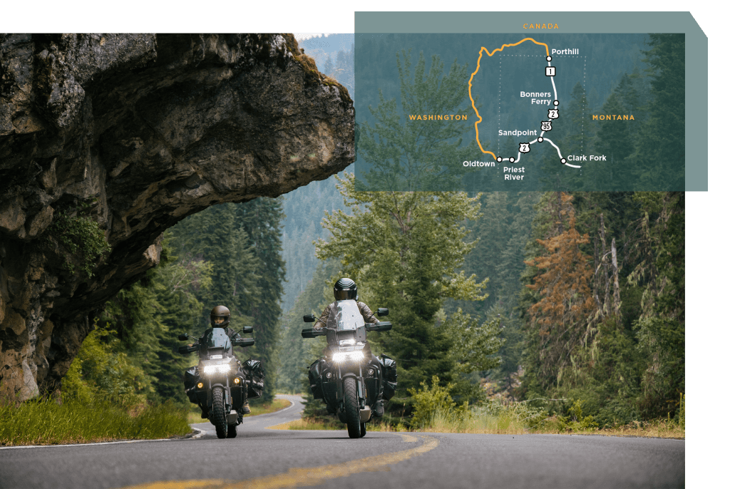 Two motorcyclists riding along the South Fork of the Clearwater Corridor on Highway 14.