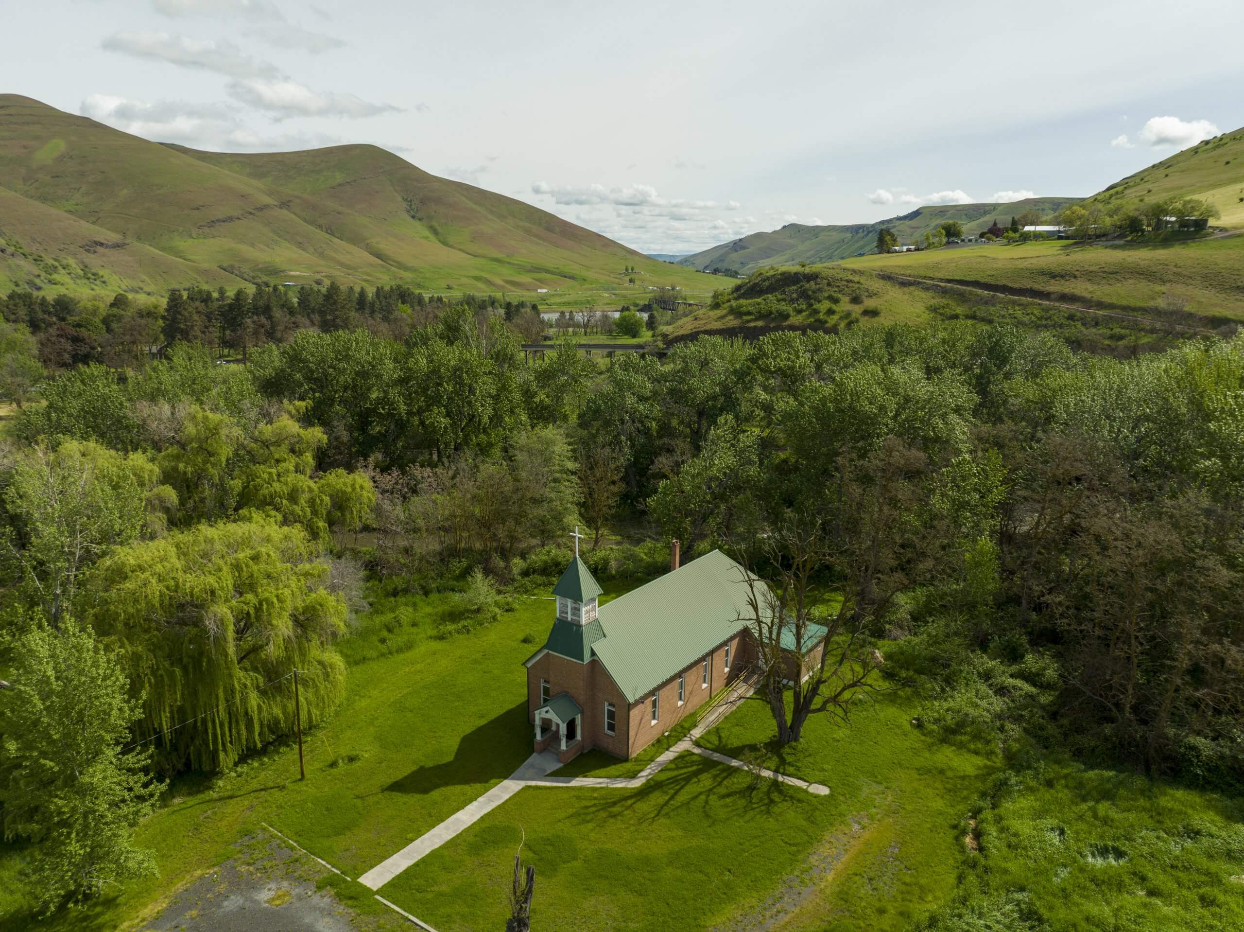 Aerial view of a church near Harpster, Idaho.