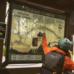 A person points at a map of the Trail of the Coeur d’Alenes at the Cataldo Trailhead.