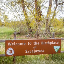 A rust colored sign indicated the birthplace of Sacajawea.