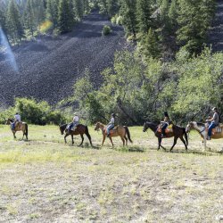 A group of people ride horses with Rawhide Outfitters near Salmon.