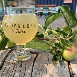 A glass of hard cider next to an apple at Cedar Draw Cider.