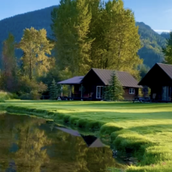 In the foreground, a pond with green, grassy banks reflects leaves of gold. Two cabins stand in the background with trees and mountain framing the landscape.