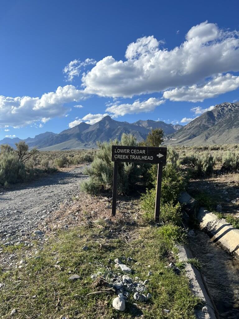 A wooden trailhead sign next to a dirt road near Mackay.