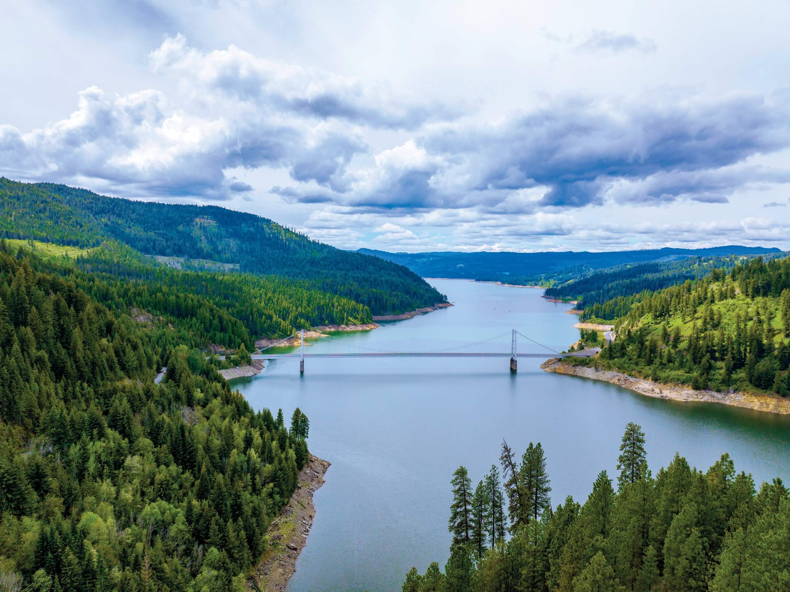 Aerial view of the Dent Bridge across Dworshak Reservoir.