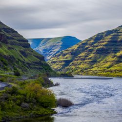 A road curves along the Snake River in Hells Gate State Park.