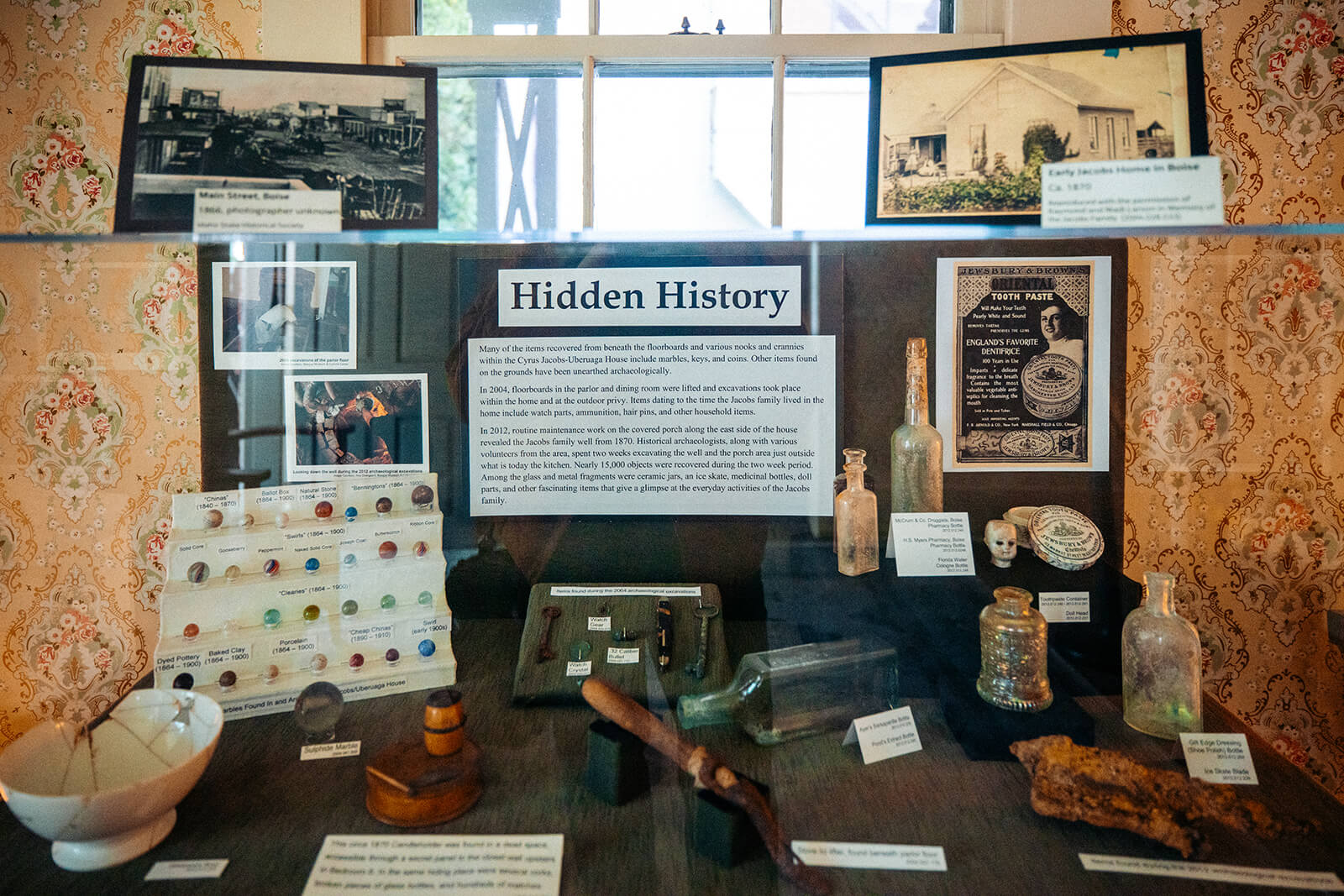 An exhibit with historical artifacts at The Basque Boarding House.