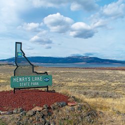 Welcome sign to Henrys Lake State Park.