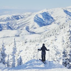 A person on skis standing at a scenic overlook at Pebble Creek Ski Area, with a landscape of snow-covered terrain, trees and mountains before them.