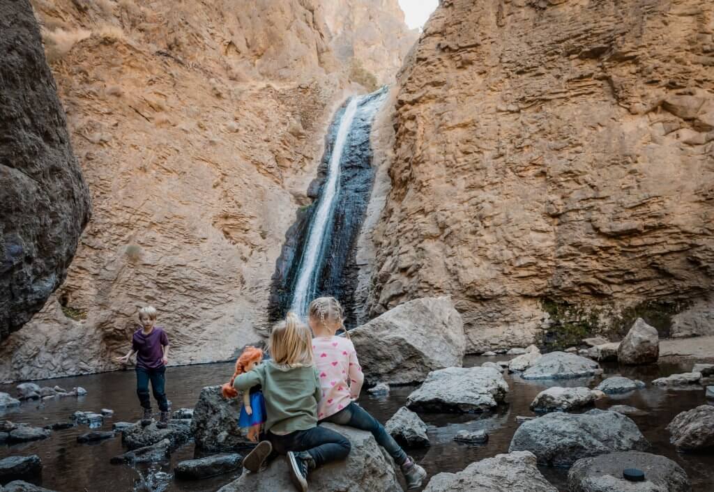 Two small children sit on a rock looking at a small waterfall tumbling down a brown rock face.