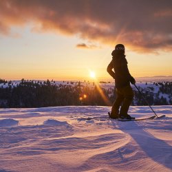 A person in ski gear looks out over a snow-blanketed landscape during sunrise.