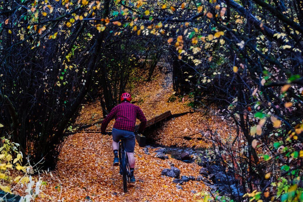 Man mountain bikes on the City Creek Loop in Pocatello Idaho. 