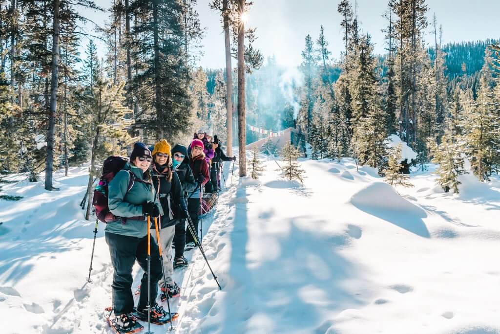 A group of women on an overnight trip to Fishhook Hut in the Sawtooth Mountains.